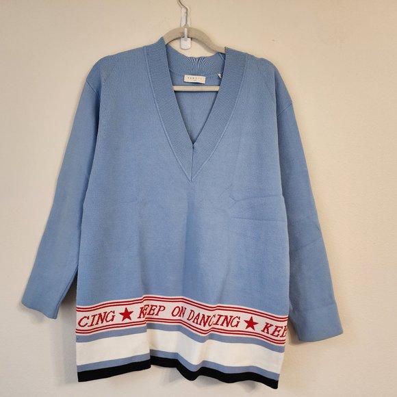 SANDRO Women Sweater Keep On Dancing Slogan Sweater in Blue, L, V Neck,Casual - Picture 1 of 16